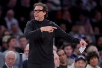 Apr 28, 2026; New York, New York, USA; Atlanta Hawks head coach Quin Snyder coaches against the New York Knicks during the second quarter of game five of the first round of the 2026 NBA Playoffs at Madison Square Garden. Mandatory Credit: Brad Penner-Imagn Images