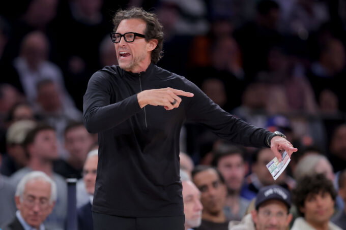 Apr 28, 2026; New York, New York, USA; Atlanta Hawks head coach Quin Snyder coaches against the New York Knicks during the second quarter of game five of the first round of the 2026 NBA Playoffs at Madison Square Garden. Mandatory Credit: Brad Penner-Imagn Images