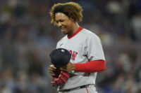 Apr 29, 2026; Toronto, Ontario, CAN; Boston Red Sox starting pitcher Brayan Bello (66) smiles as he comes of the field against the Toronto Blue Jays during the first inning at Rogers Centre. Mandatory Credit: John E. Sokolowski-Imagn Images