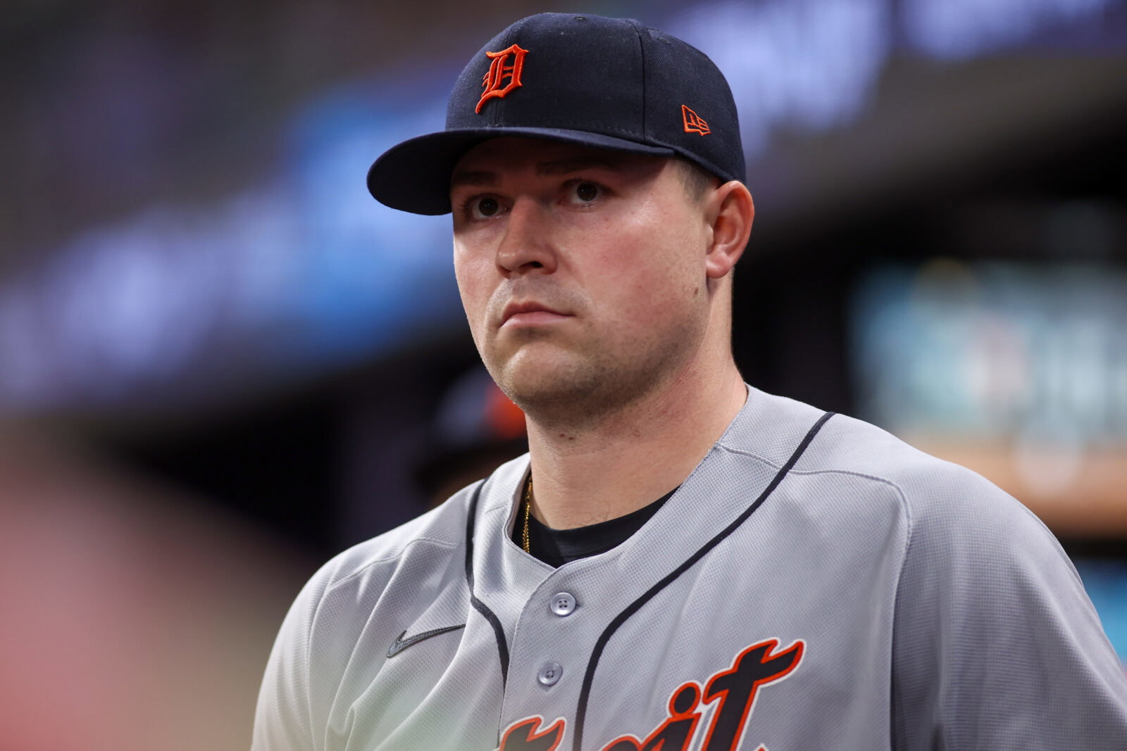 Apr 29, 2026; Atlanta, Georgia, USA; Detroit Tigers starting pitcher Tarik Skubal (29) in the dugout against the Atlanta Braves in the seventh inning at Truist Park. Mandatory Credit: Brett Davis-Imagn Images