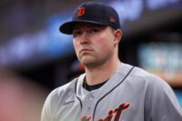 Apr 29, 2026; Atlanta, Georgia, USA; Detroit Tigers starting pitcher Tarik Skubal (29) in the dugout against the Atlanta Braves in the seventh inning at Truist Park. Mandatory Credit: Brett Davis-Imagn Images