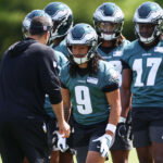 May 1, 2026; Philadelphia, PA, USA; Philadelphia Eagles wide receiver Makai Lemon (9) runs drills during rookie minicamp at NovaCare Complex. Mandatory Credit: Bill Streicher-Imagn Images
