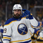 May 1, 2026; Boston, Massachusetts, USA; Buffalo Sabres right wing Alex Tuch (89) points to his goaltender after being congratulated at the bench after scoring against the Boston Bruins during the first period of game six of the first round of the 2026 Stanley Cup Playoffs at TD Garden. Mandatory Credit: Winslow Townson-Imagn Images