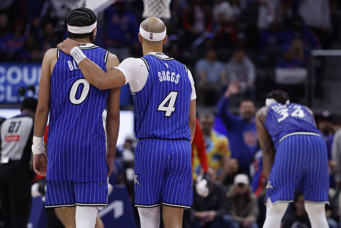 May 3, 2026; Detroit, Michigan, USA; Orlando Magic guard Jalen Suggs (4) puts his arm around guard Anthony Black (0) in the second half against the Detroit Pistons during game seven of the first round of the 2026 NBA Playoffs at Little Caesars Arena. Mandatory Credit: Rick Osentoski-Imagn Images