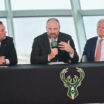 May 6, 2026; Milwaukee, WI, USA; Milwaukee Bucks general manager Jon Horst (left) and co-owner Jimmy Haslam (right) introduce new head coach Taylor Jenkins (center) at a press conference at Milwaukee Art Museum. Mandatory Credit: Benny Sieu-Imagn Images