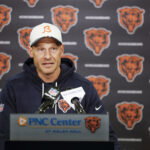 May 8, 2026; Lake Forest, IL, USA; Chicago Bears head coach Ben Johnson addresses the media at Halas Hall before Rookie Minicamp. Mandatory Credit: Kamil Krzaczynski-Imagn Images