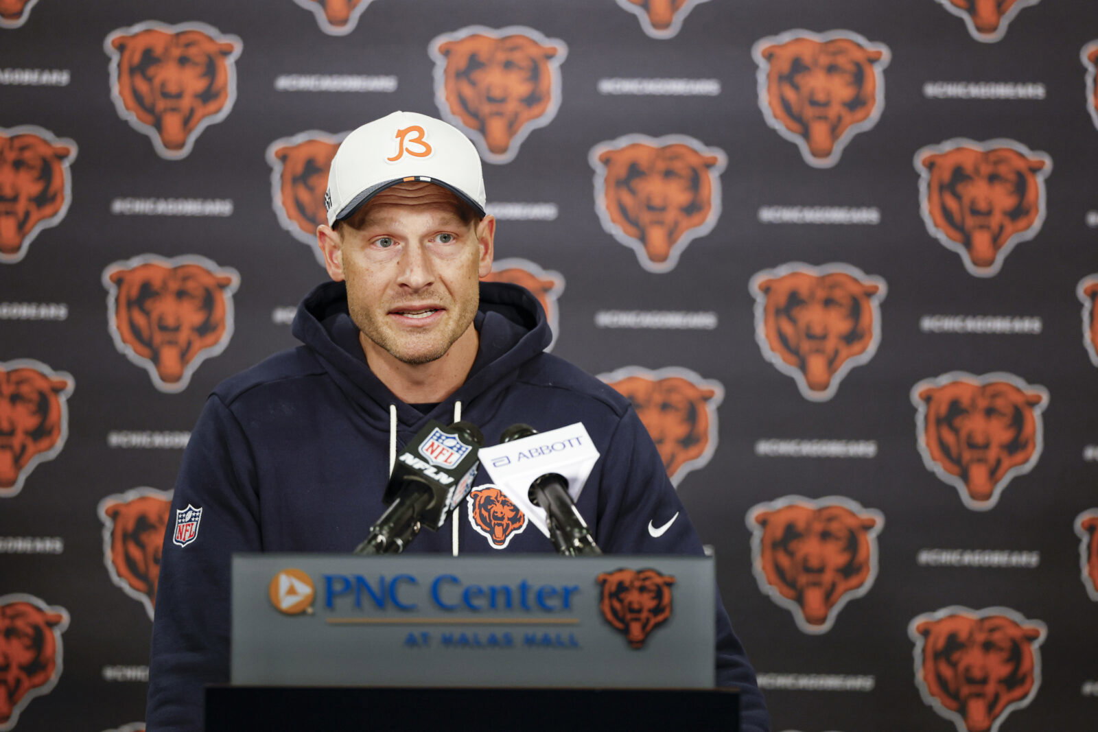 May 8, 2026; Lake Forest, IL, USA; Chicago Bears head coach Ben Johnson addresses the media at Halas Hall before Rookie Minicamp. Mandatory Credit: Kamil Krzaczynski-Imagn Images