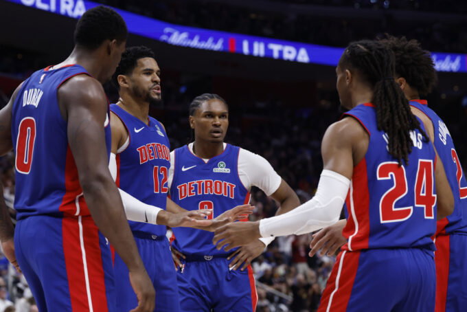 May 17, 2026; Detroit, Michigan, USA; Detroit Pistons center Jalen Duren (0), forward Tobias Harris (12), guard Ausar Thompson (9), guard Cade Cunningham (2) and guard Daniss Jenkins (24) huddle up in the first half against the Cleveland Cavaliers during game seven of the second round of the 2026 NBA Playoffs at Little Caesars Arena. Mandatory Credit: Rick Osentoski-Imagn Images