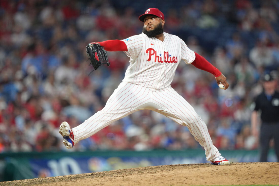 May 18, 2026; Philadelphia, Pennsylvania, USA; Philadelphia Phillies relief pitcher Jose Alvarado (46) throws a pitch against the Cincinnati Reds in the eighth inning at Citizens Bank Park. Mandatory Credit: Kyle Ross-Imagn Images