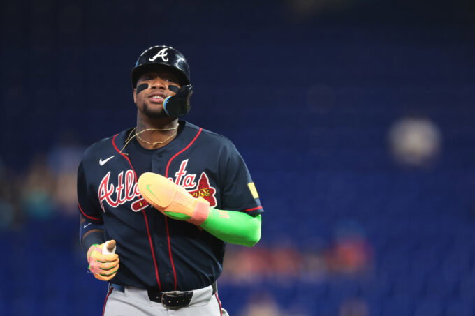 May 19, 2026; Miami, Florida, USA; Atlanta Braves designated hitter Ronald Acuna (13) runs toward third base against the Miami Marlins during the first inning at loanDepot Park. Mandatory Credit: Sam Navarro-Imagn Images