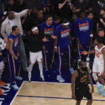 May 19, 2026; New York, New York, USA; New York Knicks guard Mikal Bridges (25) reacts after making a three point basket against Cleveland Cavaliers guard James Harden (1) during the fourth quarter of game one of the eastern conference finals for the 2026 NBA playoffs at Madison Square Garden. Mandatory Credit: Vincent Carchietta-Imagn Images
