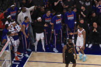 May 19, 2026; New York, New York, USA; New York Knicks guard Mikal Bridges (25) reacts after making a three point basket against Cleveland Cavaliers guard James Harden (1) during the fourth quarter of game one of the eastern conference finals for the 2026 NBA playoffs at Madison Square Garden. Mandatory Credit: Vincent Carchietta-Imagn Images