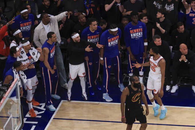 May 19, 2026; New York, New York, USA; New York Knicks guard Mikal Bridges (25) reacts after making a three point basket against Cleveland Cavaliers guard James Harden (1) during the fourth quarter of game one of the eastern conference finals for the 2026 NBA playoffs at Madison Square Garden. Mandatory Credit: Vincent Carchietta-Imagn Images