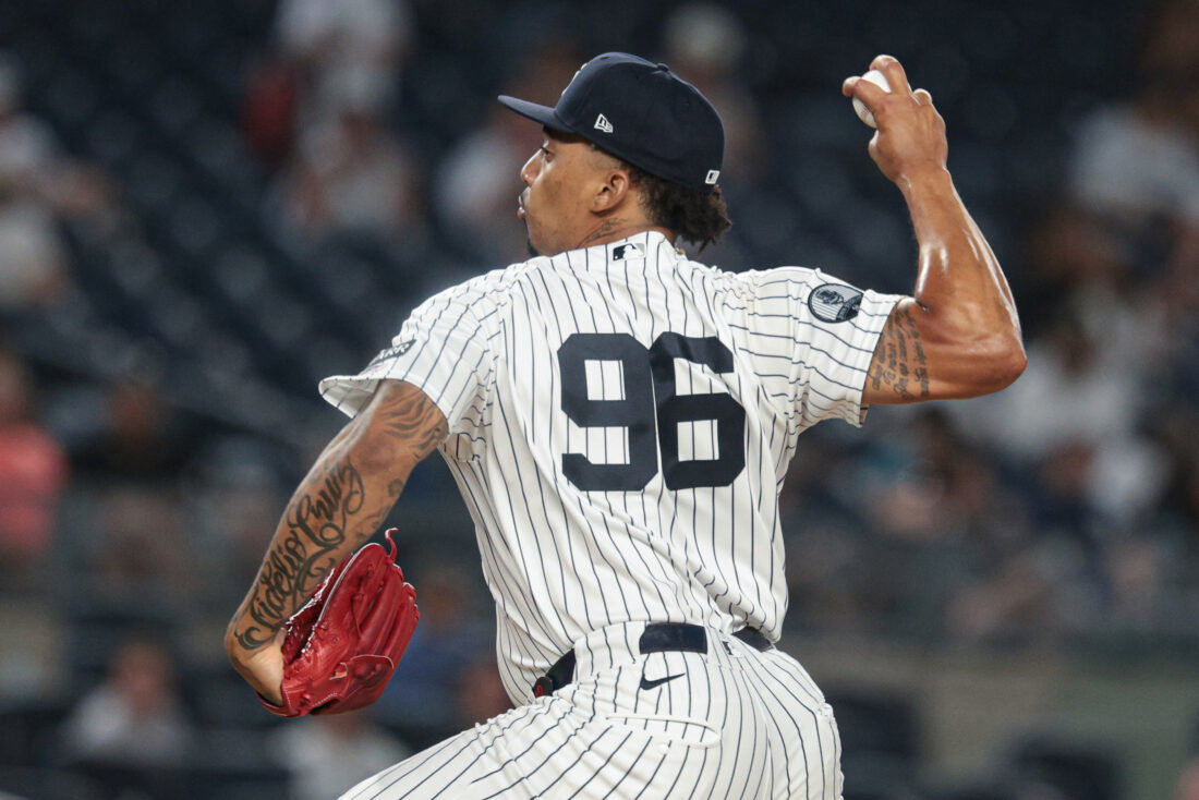 May 20, 2026; Bronx, New York, USA; New York Yankees pitcher Yovanny Cruz (96) delivers a pitch, during his major league debut, against the Blue Jays in the eighth inning at Yankee Stadium. Mandatory Credit: Vincent Carchietta-Imagn Images