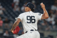 May 20, 2026; Bronx, New York, USA; New York Yankees pitcher Yovanny Cruz (96) delivers a pitch, during his major league debut, against the Blue Jays in the eighth inning at Yankee Stadium. Mandatory Credit: Vincent Carchietta-Imagn Images