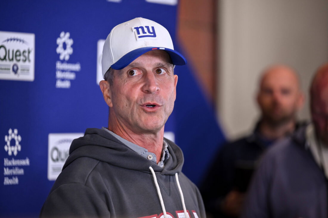 May 21, 2026; East Rutherford, NJ, USA; New York Giants head coach John Harbaugh speaks at a press conference during organized team activities at Quest Diagnostics Training Center. Mandatory Credit: John Jones-Imagn Images