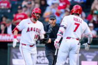 May 21, 2026; Anaheim, California, USA; Los Angeles Angels first baseman Nolan Schanuel (18) is greeted by right fielder Jo Adell (7) after hitting a two-run home run during the first inning against the Athletics at Angel Stadium. Mandatory Credit: William Liang-Imagn Images