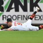 May 24, 2026; Baltimore, Maryland, USA; Baltimore Orioles outfielder Tyler O'Neill (9) is unable to make a diving catch of a short fly ball in the sixth inning against the Detroit Tigers at Oriole Park at Camden Yards. Mandatory Credit: Jamie Sabau-Imagn Images