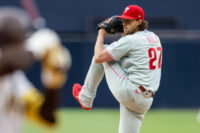 May 26, 2026; San Diego, California, USA; Philadelphia Phillies starting pitcher Aaron Nola (27) throws a pitch during the first inning against the San Diego Padres at Petco Park. Mandatory Credit: David Frerker-Imagn Images
