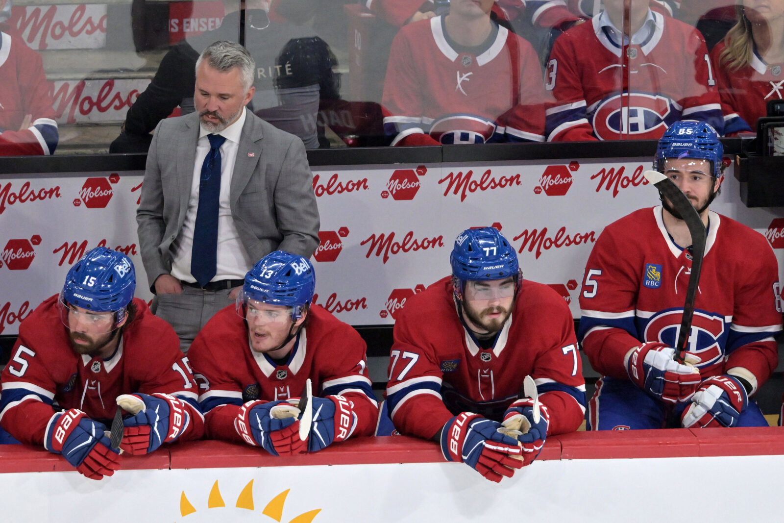 May 27, 2026; Montreal, Quebec, CAN; Montreal Canadiens head coach Martin St. Louis during the third period in game four of the Eastern Conference Final of the 2026 Stanley Cup Playoffs at Bell Centre. Mandatory Credit: Eric Bolte-Imagn Images