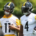 May 28, 2026; Pittsburgh, PA, USA; Pittsburgh Steelers wide receiver Michael Pittman Jr. (11) and DK Metcalf (4) participate in OTA drills at the UPMC Rooney Sports Complex. Mandatory Credit: Charles LeClaire-Imagn Images