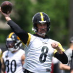 May 28, 2026; Pittsburgh, PA, USA; Pittsburgh Steelers quarterback Aaron Rodgers (8) participates in OTA drills at the UPMC Rooney Sports Complex. Mandatory Credit: Charles LeClaire-Imagn Images