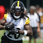 May 28, 2026; Pittsburgh, PA, USA; Pittsburgh Steelers running back Kaleb Johnson (20) participates in OTA drills at the UPMC Rooney Sports Complex. Mandatory Credit: Charles LeClaire-Imagn Images
