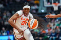 May 30, 2026; Hartford, Connecticut, USA; Connecticut Sun forward Aneesah Morrow (24) drives the ball against the Los Angeles Sparks in the second half at PeoplesBank Arena. Mandatory Credit: David Butler II-Imagn Images