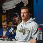Jun 1, 2026; Raleigh, North Carolina, USA; Vegas Golden Knights center Jack Eichel (9) during media day for the 2026 Stanley Cup Final at Lenovo Center. Mandatory Credit: James Guillory-Imagn Images