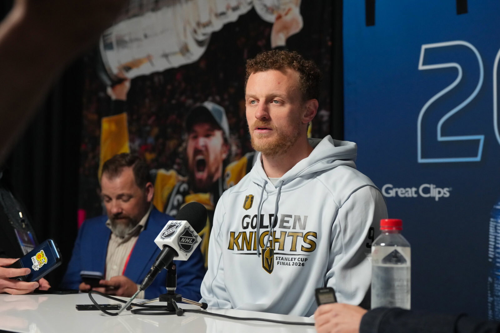 Jun 1, 2026; Raleigh, North Carolina, USA; Vegas Golden Knights center Jack Eichel (9) during media day for the 2026 Stanley Cup Final at Lenovo Center. Mandatory Credit: James Guillory-Imagn Images