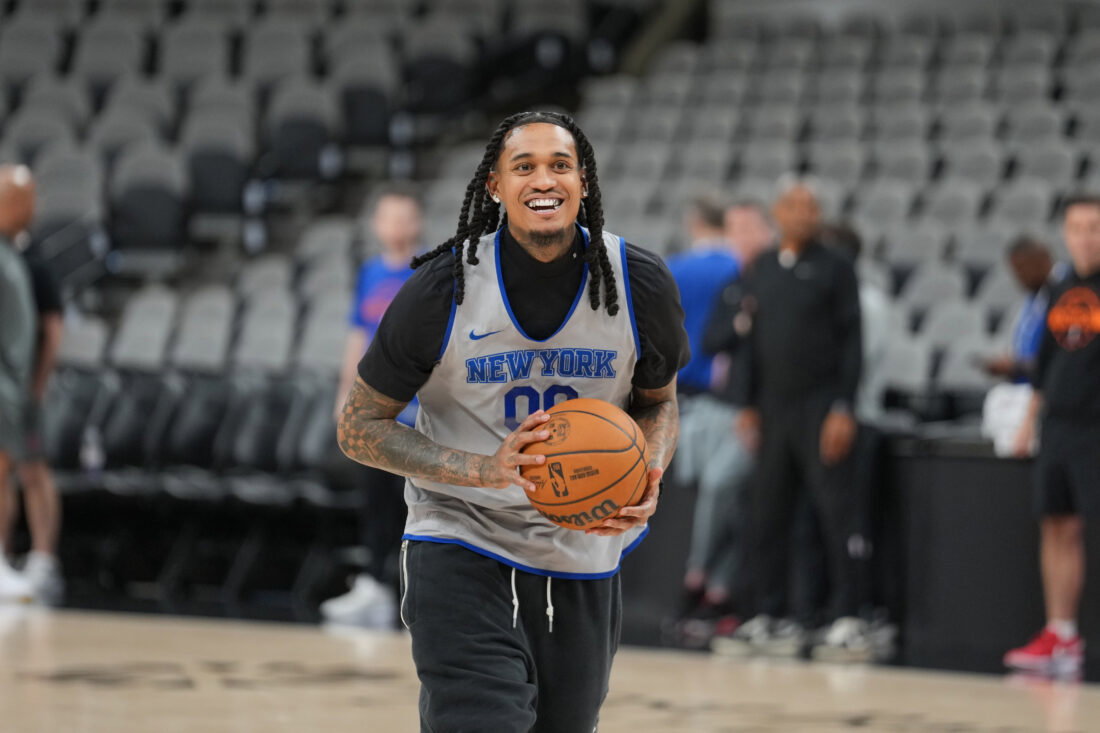 Jun 2, 2026; San Antonio, TX, USA; New York Knicks guard Jordan Clarkson (00) practices during media day for the 2026 NBA Finals at Frost Bank Center. Mandatory Credit: Daniel Dunn-Imagn Images