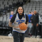 Jun 2, 2026; San Antonio, TX, USA; New York Knicks guard Jordan Clarkson (00) practices during media day for the 2026 NBA Finals at Frost Bank Center. Mandatory Credit: Daniel Dunn-Imagn Images