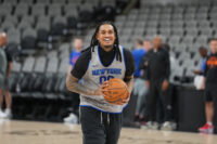 Jun 2, 2026; San Antonio, TX, USA; New York Knicks guard Jordan Clarkson (00) practices during media day for the 2026 NBA Finals at Frost Bank Center. Mandatory Credit: Daniel Dunn-Imagn Images