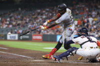 Jun 2, 2026; Houston, Texas, USA; Pittsburgh Pirates center fielder Oneil Cruz (15) hits a single during the fourth inning against the Houston Astros at Daikin Park. Mandatory Credit: Troy Taormina-Imagn Images
