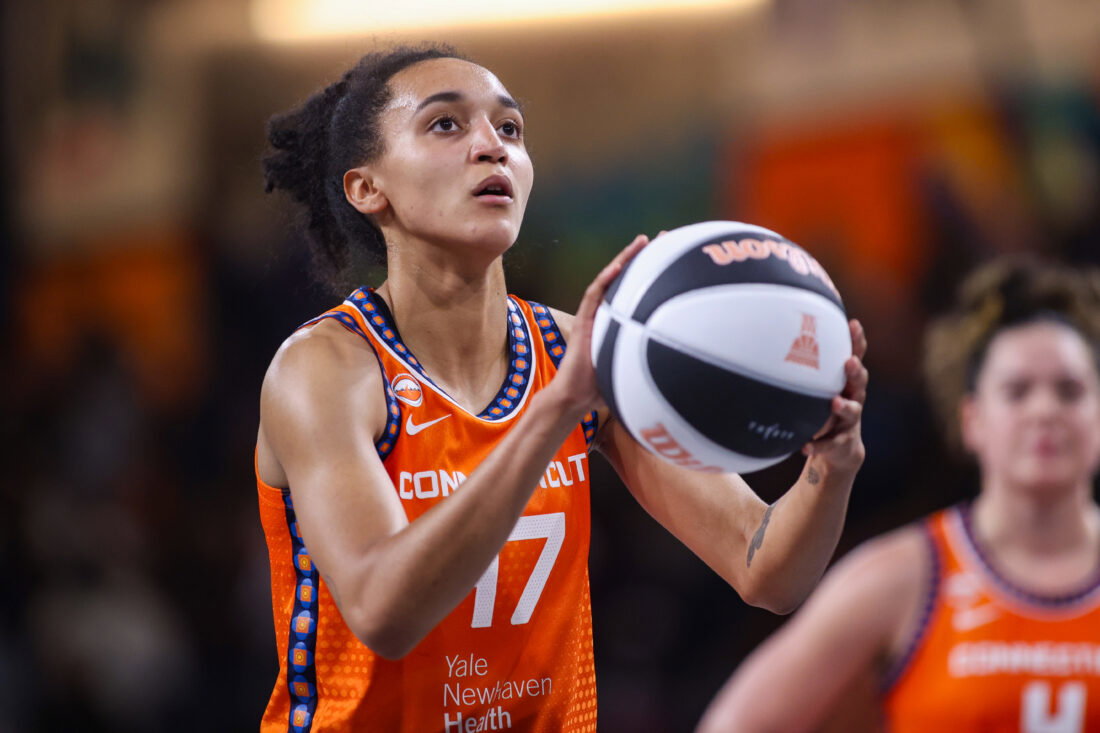 Jun 2, 2026; College Park, Georgia, USA; Connecticut Sun guard Leila Lacan (47) shoots a free throw against the Atlanta Dream in the fourth quarter at Gateway Center Arena at College Park. Mandatory Credit: Brett Davis-Imagn Images