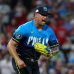 Jun 5, 2026; Philadelphia, Pennsylvania, USA; Philadelphia Phillies pitcher Jhoan Duran (59) reacts to a strike out to end the ninth inning for a victory against the Chicago White Sox at Citizens Bank Park. Mandatory Credit: Bill Streicher-Imagn Images