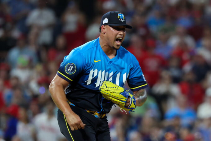 Jun 5, 2026; Philadelphia, Pennsylvania, USA; Philadelphia Phillies pitcher Jhoan Duran (59) reacts to a strike out to end the ninth inning for a victory against the Chicago White Sox at Citizens Bank Park. Mandatory Credit: Bill Streicher-Imagn Images