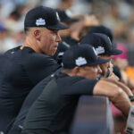 Jun 5, 2026; Bronx, New York, USA; New York Yankees right fielder Aaron Judge (99) looks out from the dugout during the eighth inning against the Boston Red Sox at Yankee Stadium. Mandatory Credit: Vincent Carchietta-Imagn Images