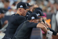 Jun 5, 2026; Bronx, New York, USA; New York Yankees right fielder Aaron Judge (99) looks out from the dugout during the eighth inning against the Boston Red Sox at Yankee Stadium. Mandatory Credit: Vincent Carchietta-Imagn Images