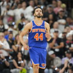 Jun 5, 2026; San Antonio, Texas, USA; New York Knicks guard Landry Shamet (44) runs back up court during the fourth quarter during game two of the 2026 NBA Finals at Frost Bank Center. Mandatory Credit: Scott Wachter-Imagn Images