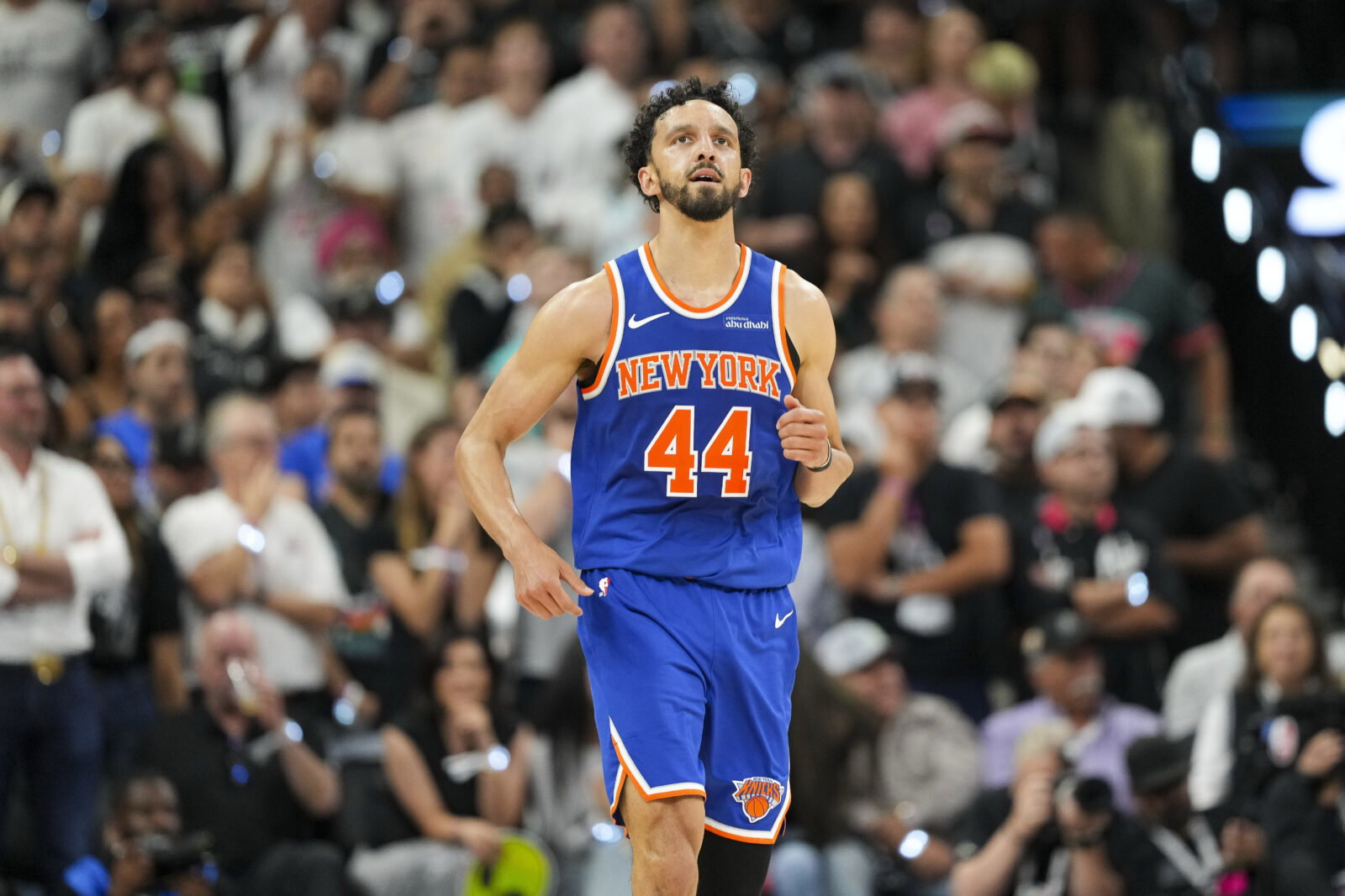 Jun 5, 2026; San Antonio, Texas, USA; New York Knicks guard Landry Shamet (44) runs back up court during the fourth quarter during game two of the 2026 NBA Finals at Frost Bank Center. Mandatory Credit: Scott Wachter-Imagn Images