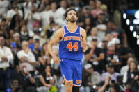 Jun 5, 2026; San Antonio, Texas, USA; New York Knicks guard Landry Shamet (44) runs back up court during the fourth quarter during game two of the 2026 NBA Finals at Frost Bank Center. Mandatory Credit: Scott Wachter-Imagn Images