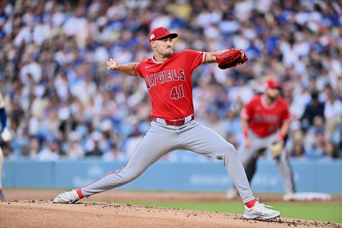 Jun 6, 2026; Los Angeles, California, USA; Los Angeles Angels starting pitcher Jack Kochanowicz (41) throws a pitch against the Los Angeles Dodgers during the first inning at Dodger Stadium. Mandatory Credit: William Liang-Imagn Images