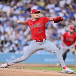 Jun 6, 2026; Los Angeles, California, USA; Los Angeles Angels starting pitcher Jack Kochanowicz (41) throws a pitch against the Los Angeles Dodgers during the first inning at Dodger Stadium. Mandatory Credit: William Liang-Imagn Images