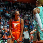 Jun 8, 2026; Uncasville, Connecticut, USA; Connecticut Sun center Olivia Nelson-Ododa (10) reacts after her basket and one against the New York Liberty in the second half at Mohegan Sun Arena. Mandatory Credit: David Butler II-Imagn Images