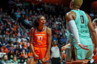 Jun 8, 2026; Uncasville, Connecticut, USA; Connecticut Sun center Olivia Nelson-Ododa (10) reacts after her basket and one against the New York Liberty in the second half at Mohegan Sun Arena. Mandatory Credit: David Butler II-Imagn Images
