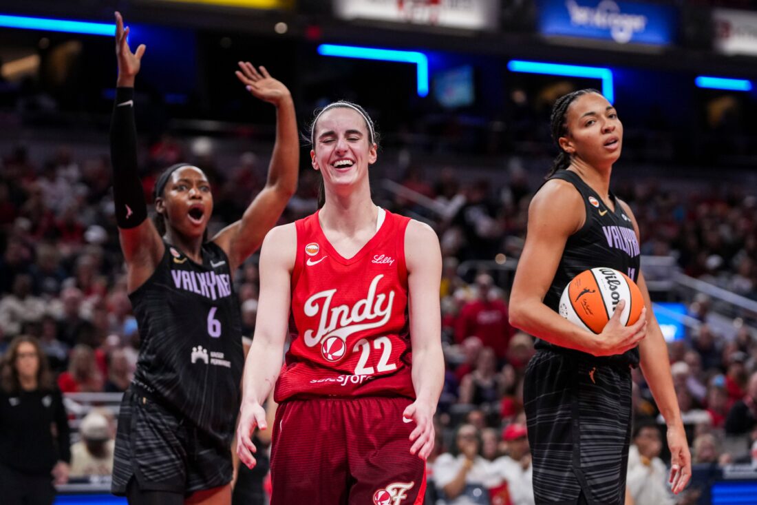 Indiana Fever guard Caitlin Clark (22) smiles Friday, May 22, 2026, during a game at Gainbridge Fieldhouse in Indianapolis. The Indiana Fever defeated the Golden State Valkyries, 90-82.