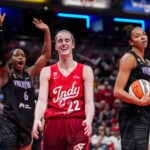 Indiana Fever guard Caitlin Clark (22) smiles Friday, May 22, 2026, during a game at Gainbridge Fieldhouse in Indianapolis. The Indiana Fever defeated the Golden State Valkyries, 90-82.