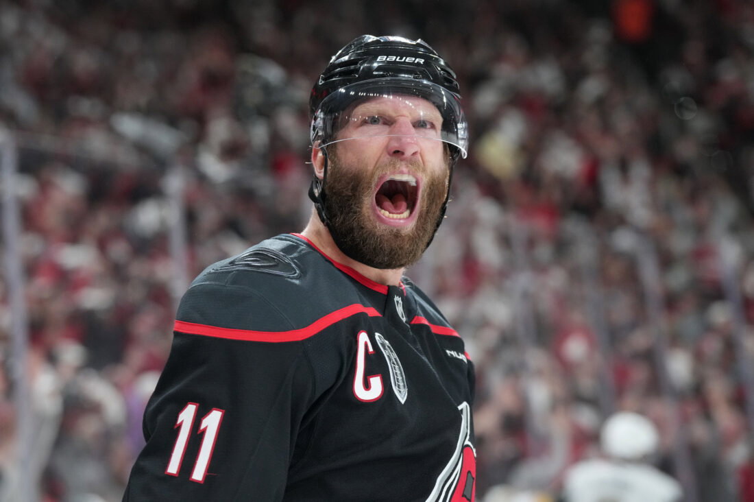 Jun 11, 2026; Raleigh, North Carolina, USA; Carolina Hurricanes center Jordan Staal (11) celebrates after scoring during the first period against the Vegas Golden Knights in game five of the 2026 Stanley Cup Final at Lenovo Center. Mandatory Credit: James Guillory-Imagn Images