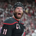 Jun 11, 2026; Raleigh, North Carolina, USA; Carolina Hurricanes center Jordan Staal (11) celebrates after scoring during the first period against the Vegas Golden Knights in game five of the 2026 Stanley Cup Final at Lenovo Center. Mandatory Credit: James Guillory-Imagn Images